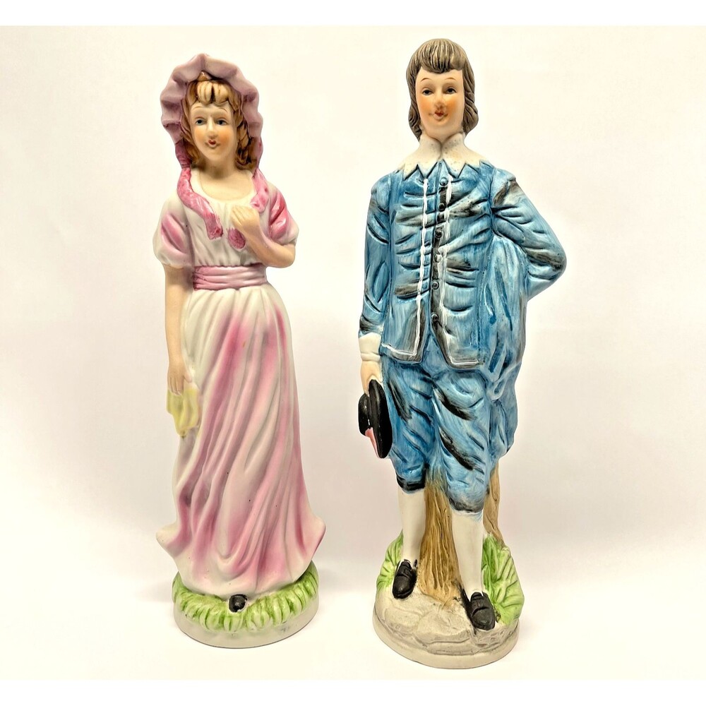 Vintage Pinkie & Blue Boy Ceramic Figurine Pair 11–12" Tall, Unmarked-Excellent